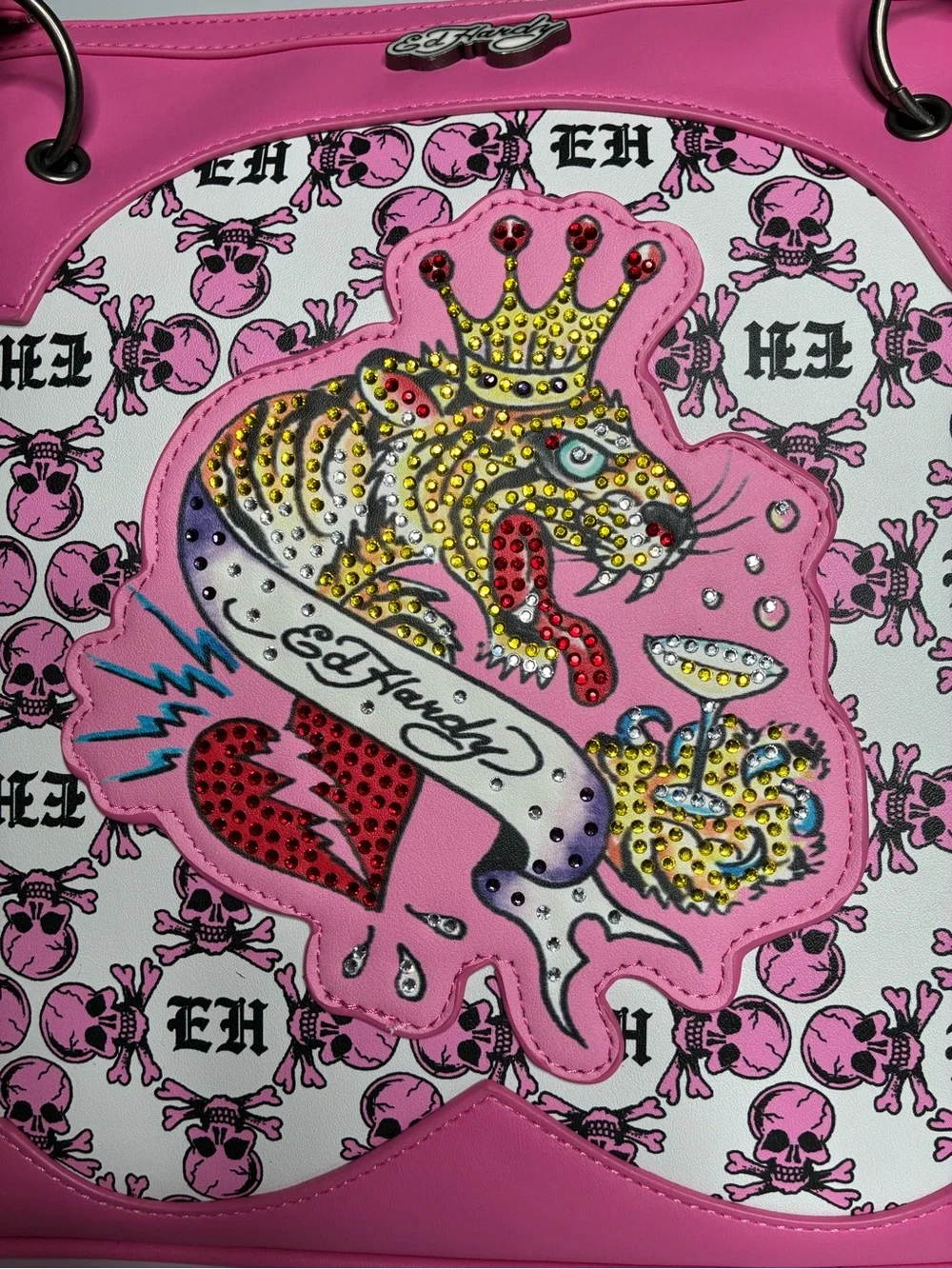 Ed Hardy Large Satchel Crossbody Bag Skulls Monogram Logo Bling Rhinestone Tiger